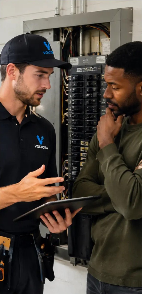 Voltora electrician explaining an electrical panel to a homeowner
