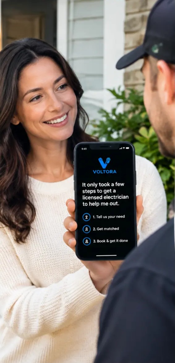 Homeowner showing the Voltora app steps to her electrician